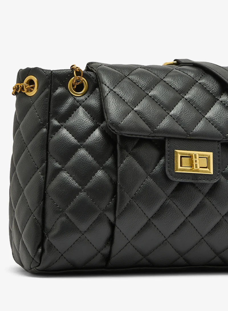 ELLA Black Quilted Textured Chain Detail Gold Accent Shoulder Bag for Women | Best Price UAE